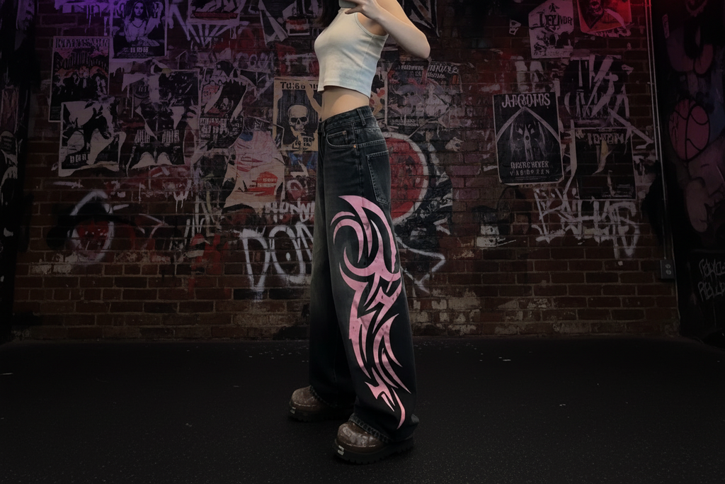 Pink Flames distressed baggy jeans