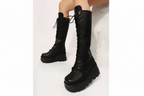 GothRound Toe Side Zipper Lace Up Women's Mid Calf Boots