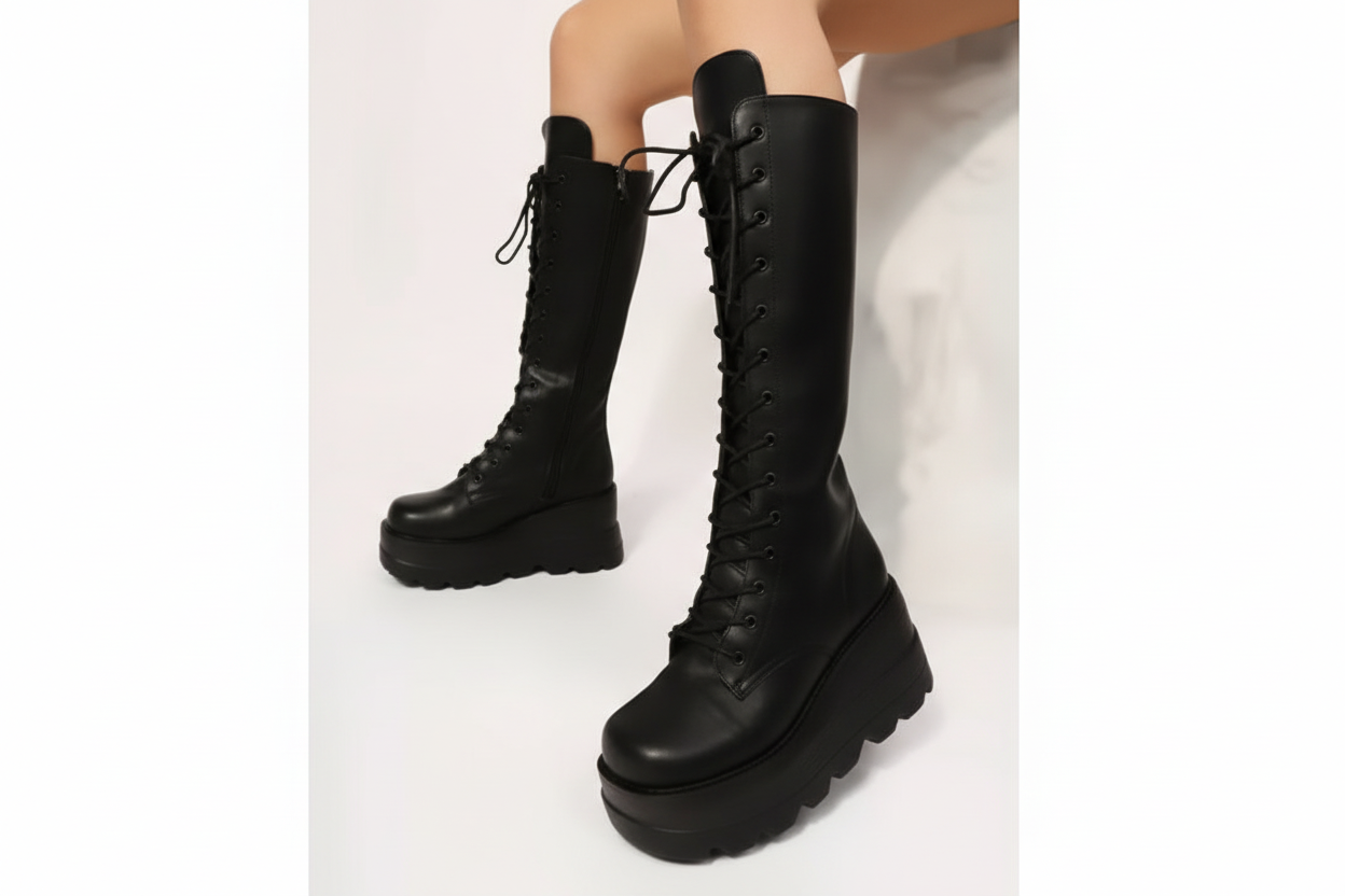 GothRound Toe Side Zipper Lace Up Women's Mid Calf Boots