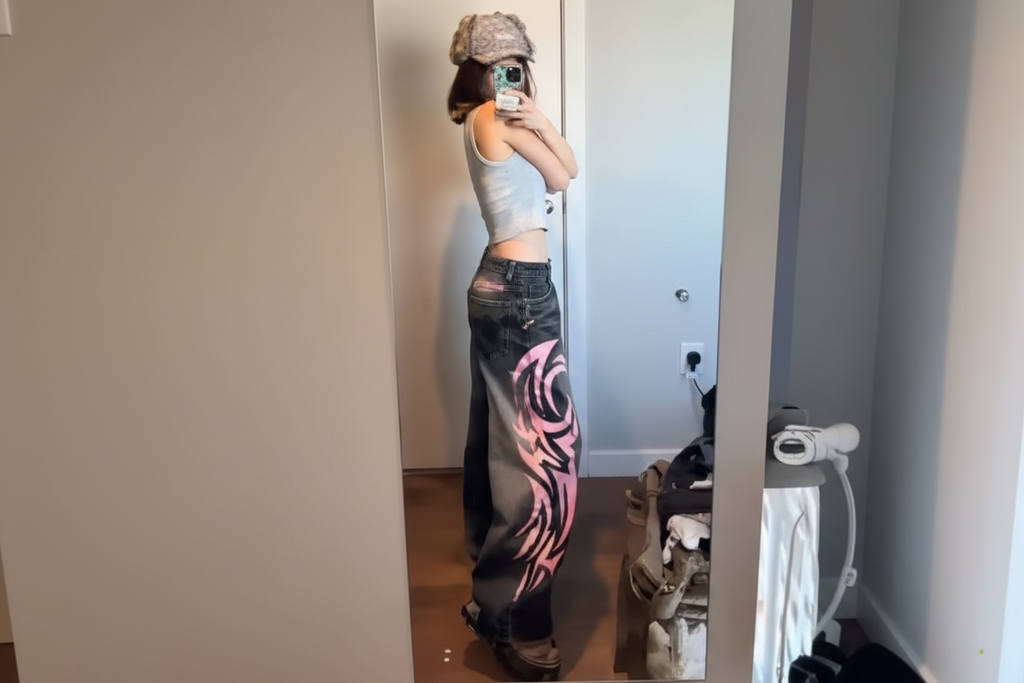 Pink Flames distressed baggy jeans