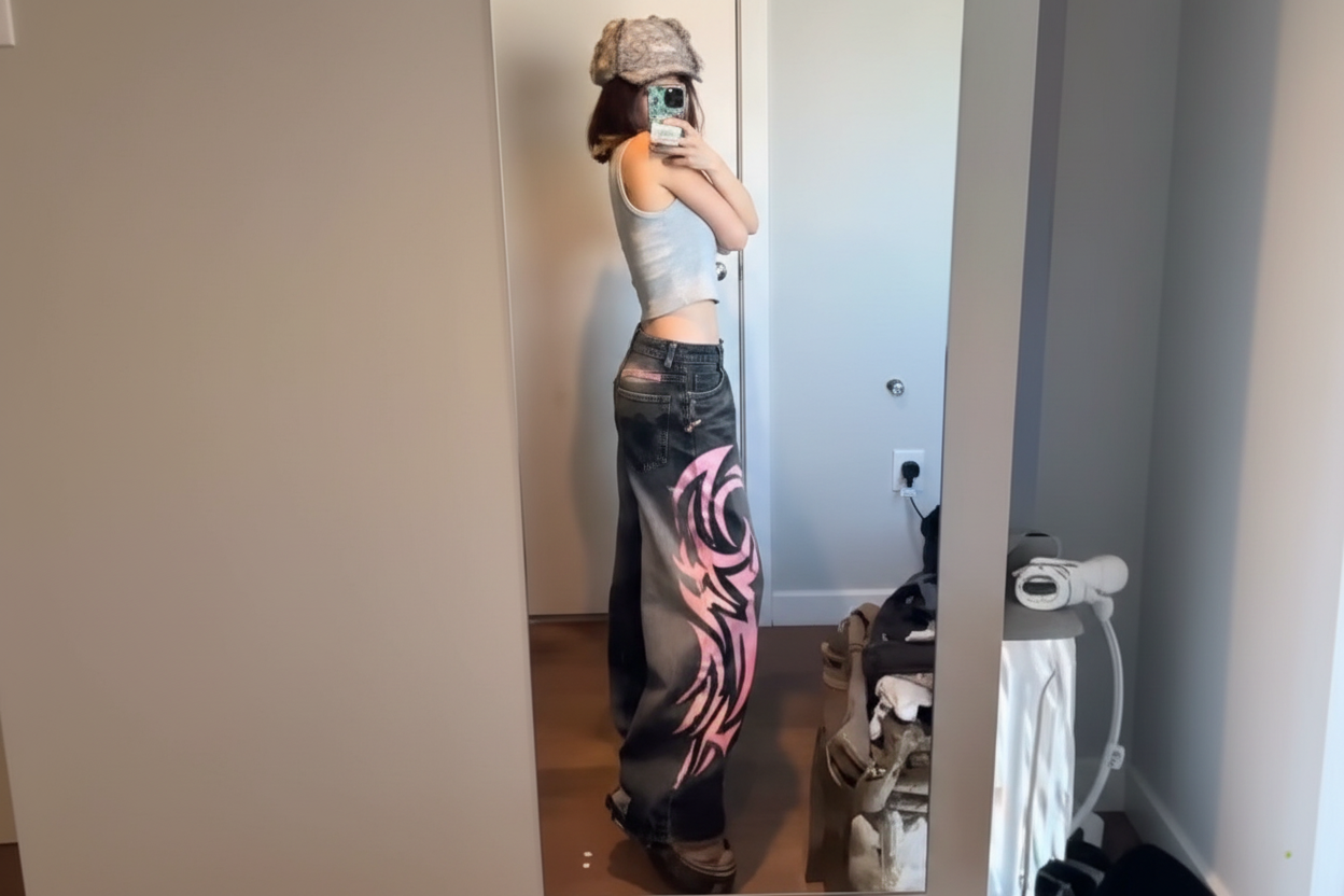 Pink Flames distressed baggy jeans