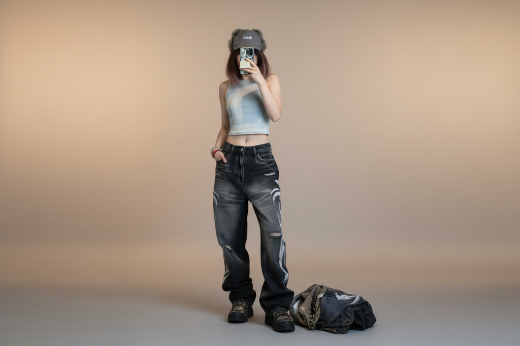 Pink Flames distressed baggy jeans