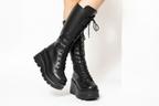 GothRound Toe Side Zipper Lace Up Women's Mid Calf Boots
