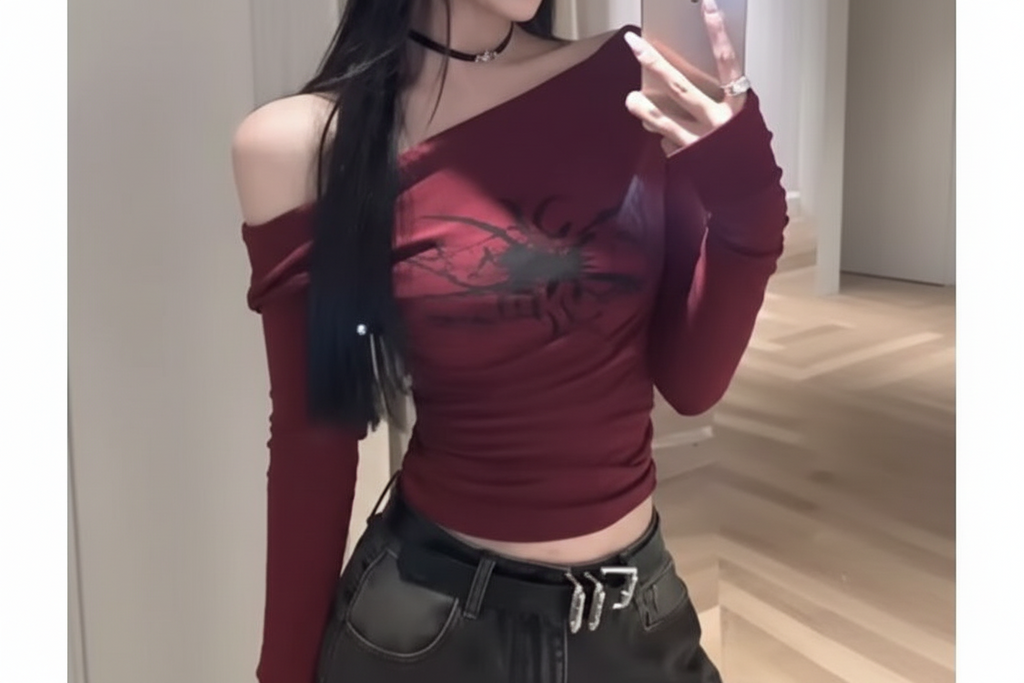 y2k spider dark red sleeve shirt