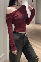 y2k spider dark red sleeve shirt