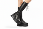 GothRound Toe Side Zipper Lace Up Women's Mid Calf Boots