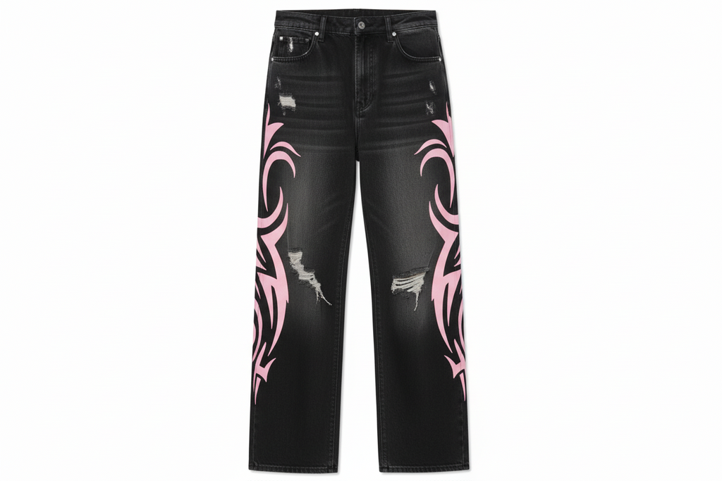 Pink Flames distressed baggy jeans