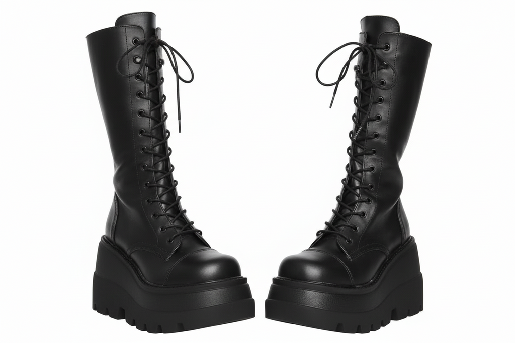 GothRound Toe Side Zipper Lace Up Women's Mid Calf Boots