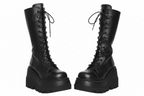 GothRound Toe Side Zipper Lace Up Women's Mid Calf Boots