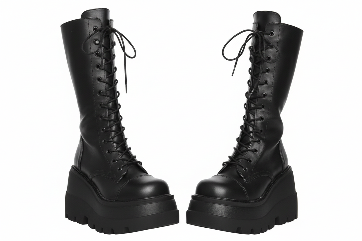GothRound Toe Side Zipper Lace Up Women's Mid Calf Boots